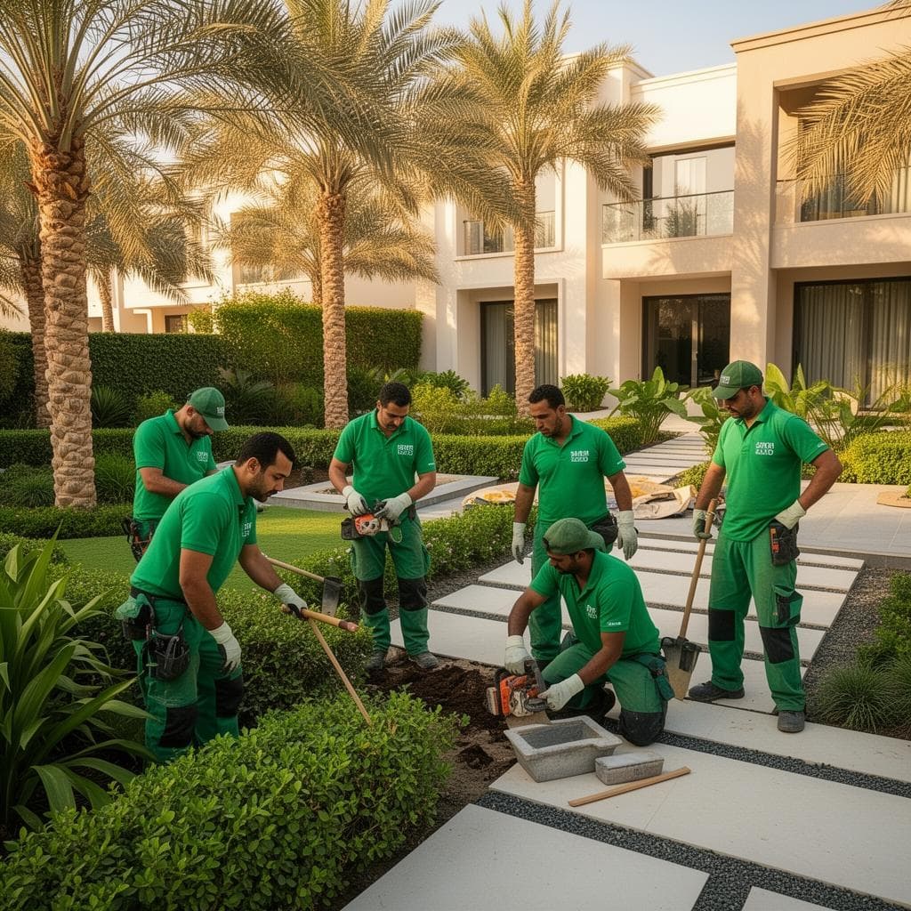 Green Beetle landscaping team working on a Dubai villa garden